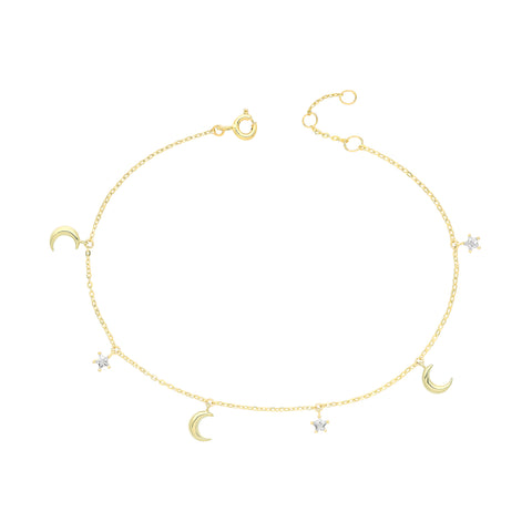 Gold Stone Set Star and Moon Chain Bracelet