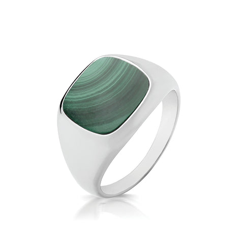 Silver Cushion Cut Malachite Signet Ring